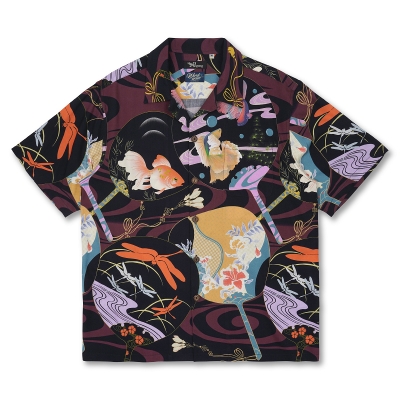 WindWearコラボ レーヨンアロハシャツ ＜うちわに金魚/紫黒＞ | 京友禅