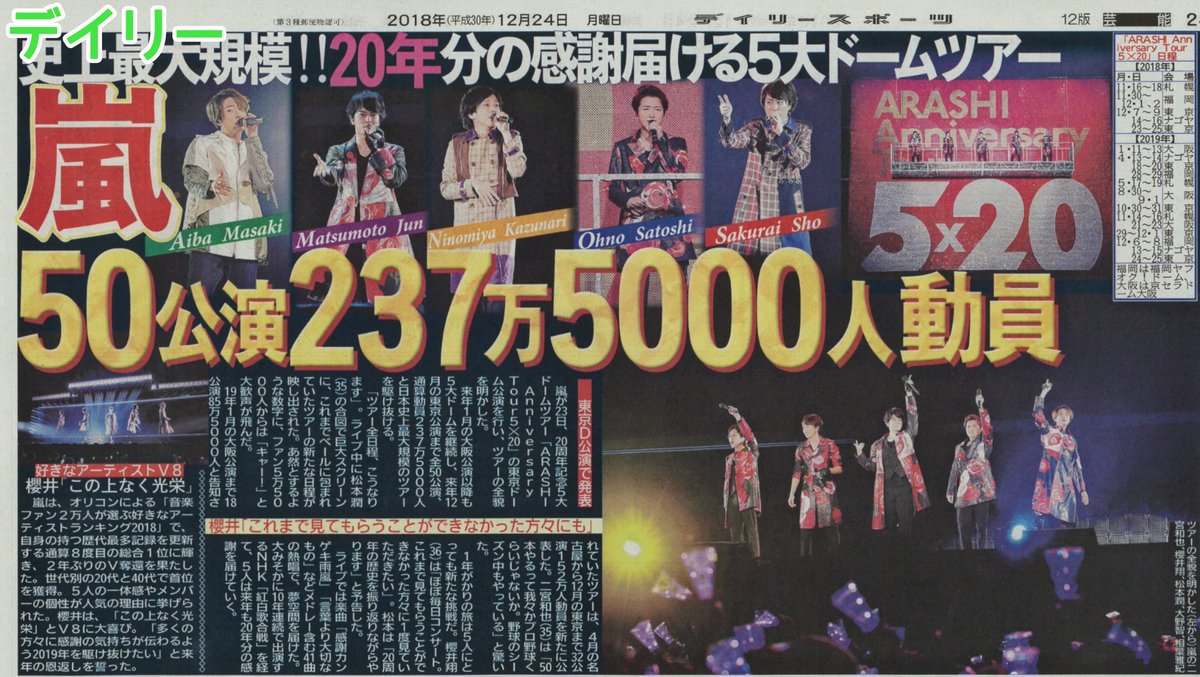 新聞 ○12/24（月） 嵐さん「ARASHI Anniversary Tour 5×20」東京