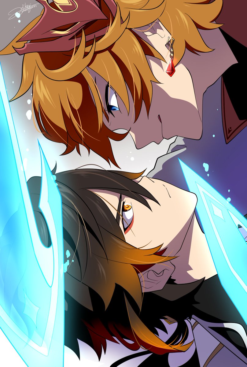 原神イラスト エア新刊表紙 次は 鍾離先生vsタルタリヤ 描きたい。