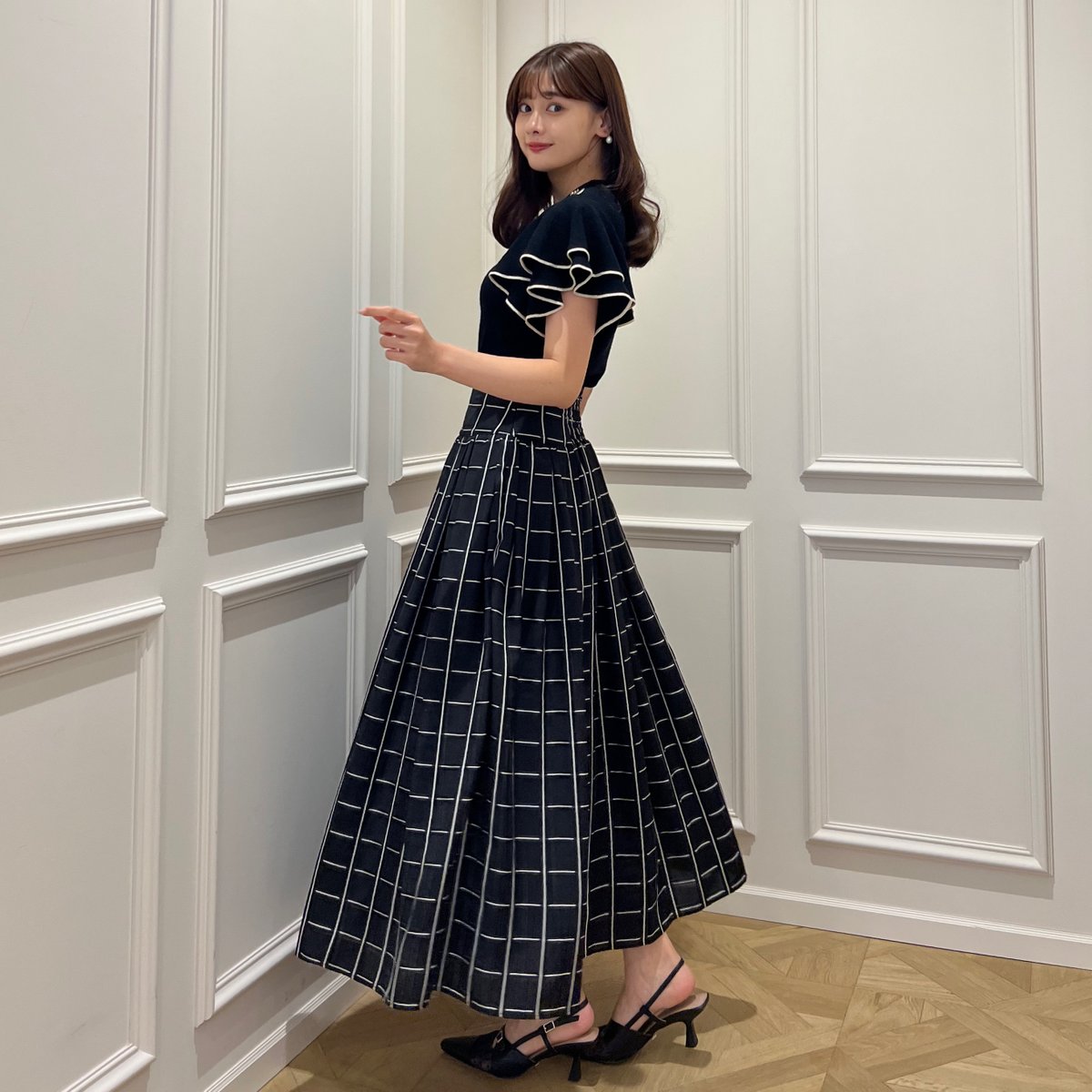 🏷Checked Jacquard Volume Skirt - blacka - 程よい肉感とラッフル