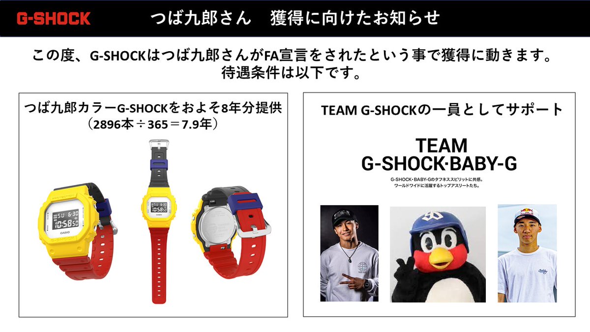 G-SHOCKは、FA宣言した #東京ヤクルトスワローズ #つば九郎 さん獲得に