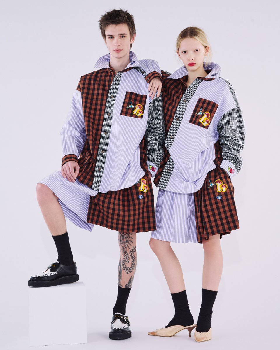 ポップなモチーフワッペンを散りばめた、ストライプとチェックを大胆に