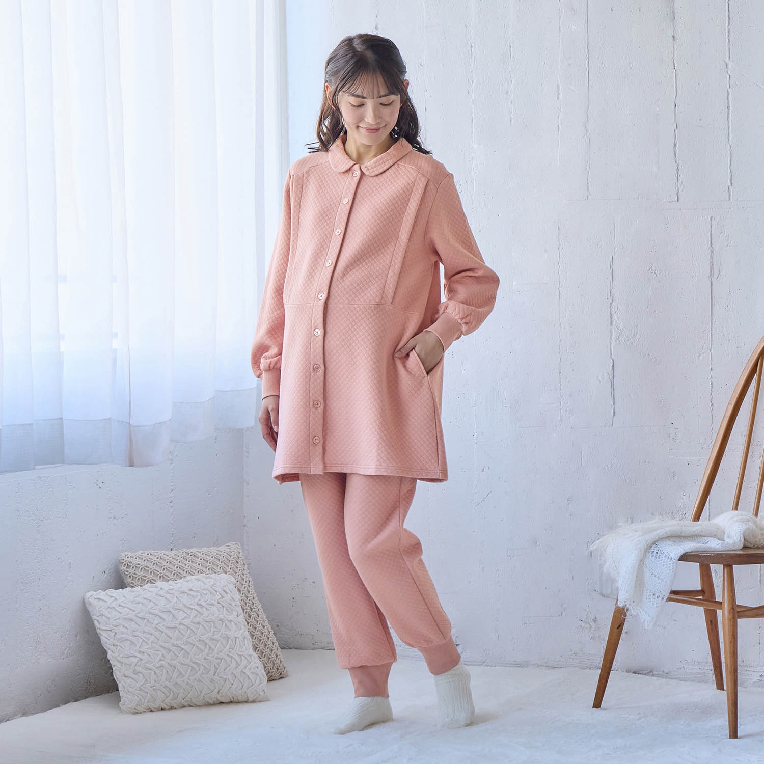 入院準備に！マタニティサイズニットキルト綿素材長袖チュニック丈