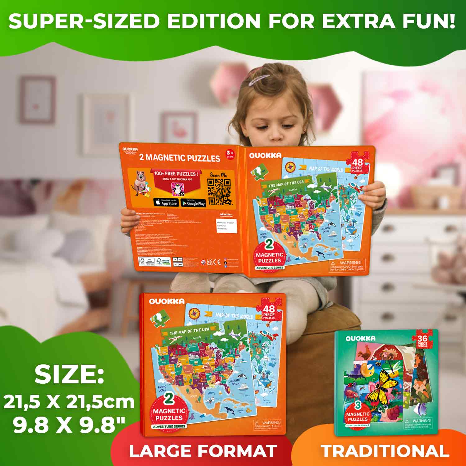 QUOKKA Magnetic Book 2x48 Piece Puzzles for Kids | Maps USA & World