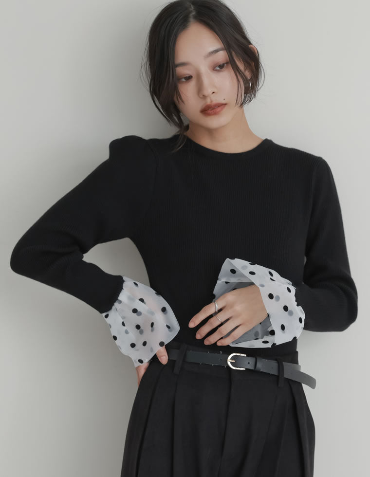 チュールカフスリブニットトップス - トップス通販 | 人気レディース