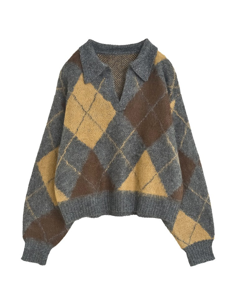 キーネックアーガイルモヘアニットトップス - トップス通販 | 人気