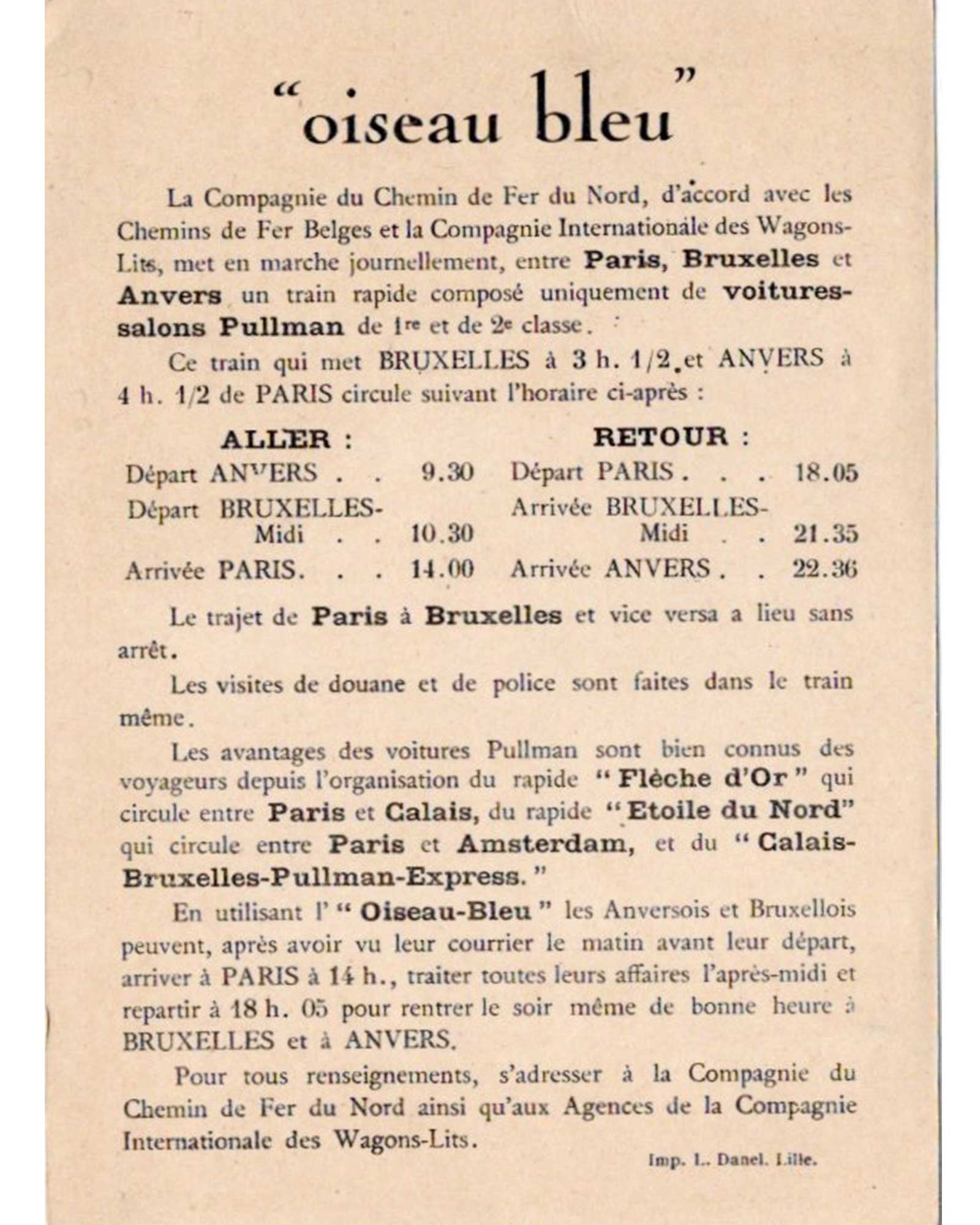 カッサンドル《青い鳥（L'Oiseau Bleu）》時刻表付きフライヤー 1929年