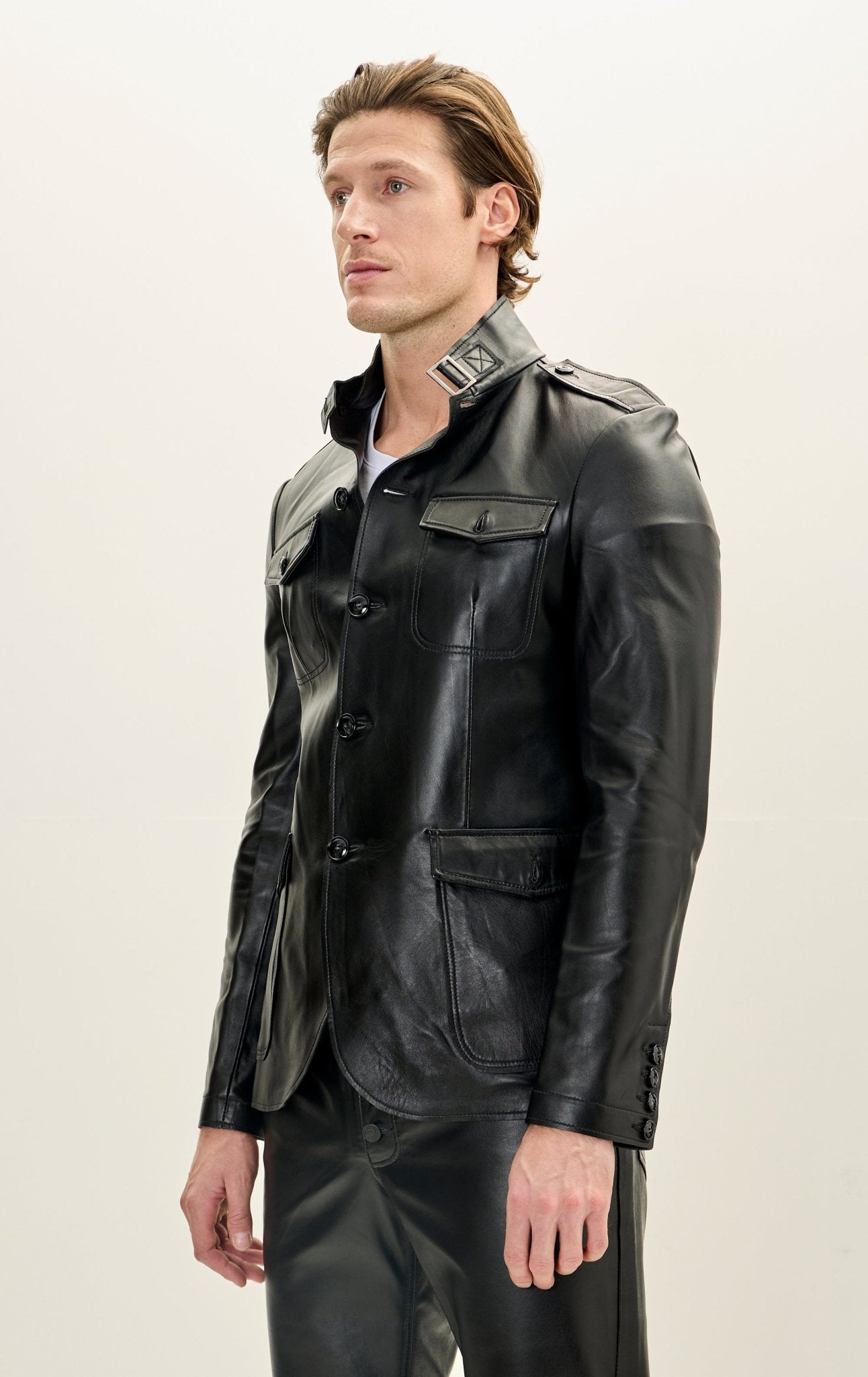 Leather Safari Jacket - Black - Ron Tomson