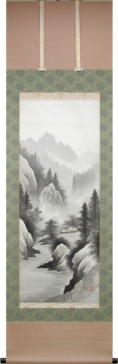 楽天市場】掛け軸 水墨山水 （阿部苔山） 送料無料 【掛軸】【一間床