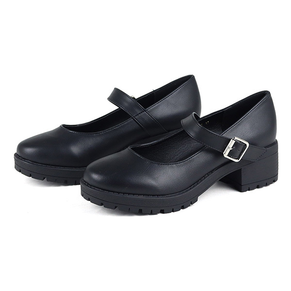 パンプス ストラップ 厚底 5cmヒール 黒 メリージェーン 革靴 エナメル