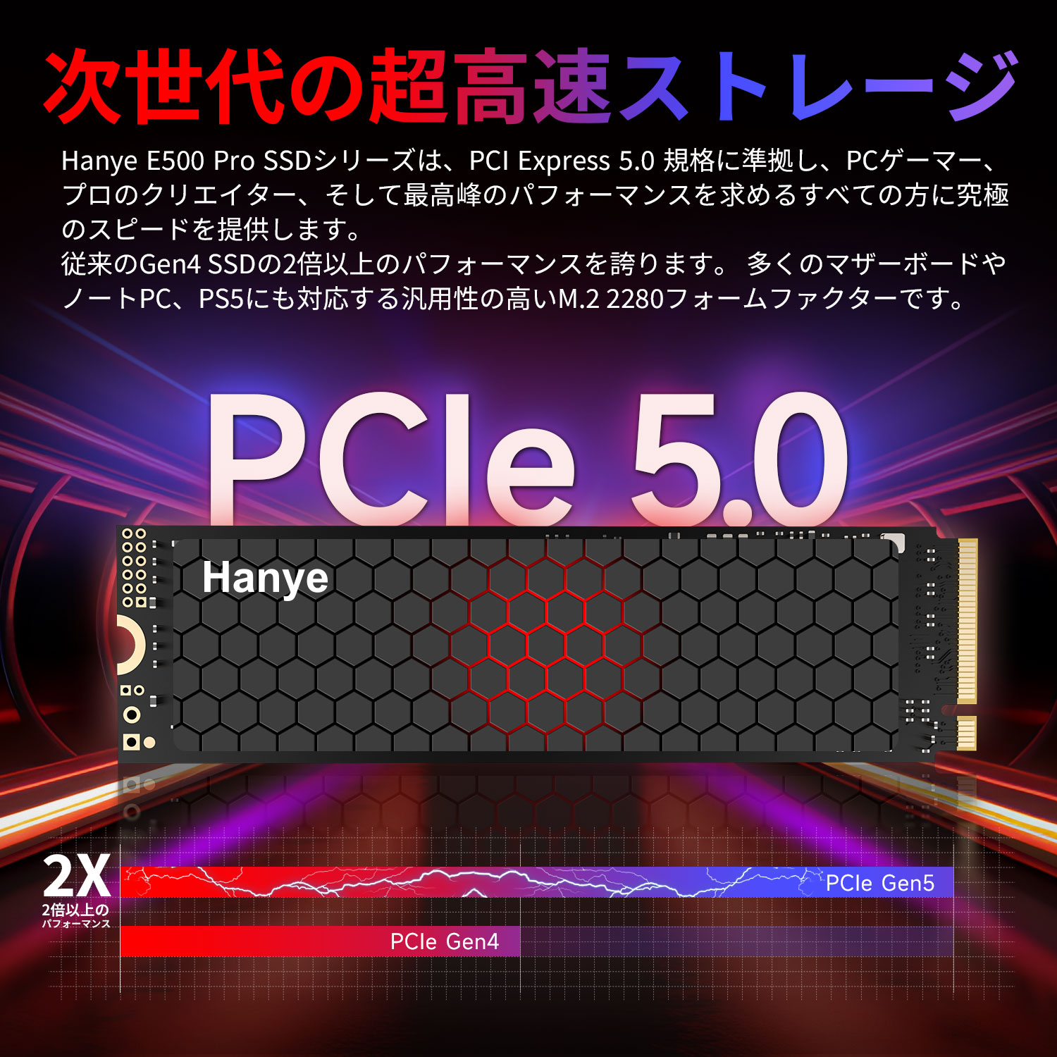 Hanye 内蔵SSD 1TB PCIe Gen5 M.2 NVMe 2280 DRAM搭載 R:14000MB/s W