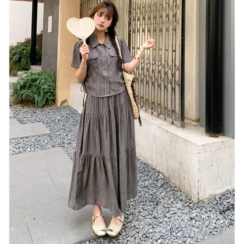 ドローストシャツ×ティアードスカートセットアップ（灰）春/夏/秋
