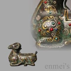 中国古美術 旧蔵『青銅 羊尊』金銀錯・宝石象嵌 青銅器 唐物 文房置物