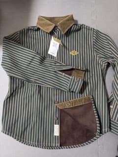 STAY TRUE」刺繍ワッペン コーデュロイ切替裏フリースストライプシャツ