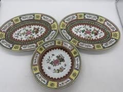 中国 1970年代 景徳鎮製 粉彩花果紋楕円形お皿2点&鉢1点 送料込み0104