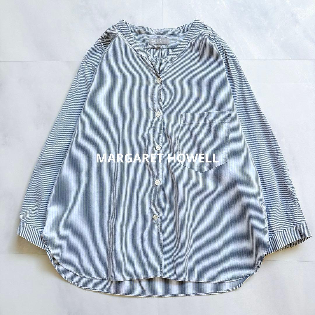 マーガレットハウエル バンドカラー ストライプ シャツ シルク