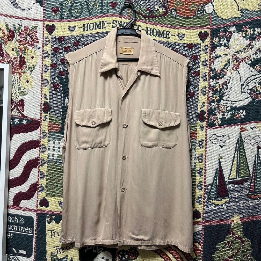 オ*チ様 50s レーヨンギャバシャツ カットオフ 古着 50s Van Heusen 無地 ソリッド ハンドステッチ 開襟 ボックス