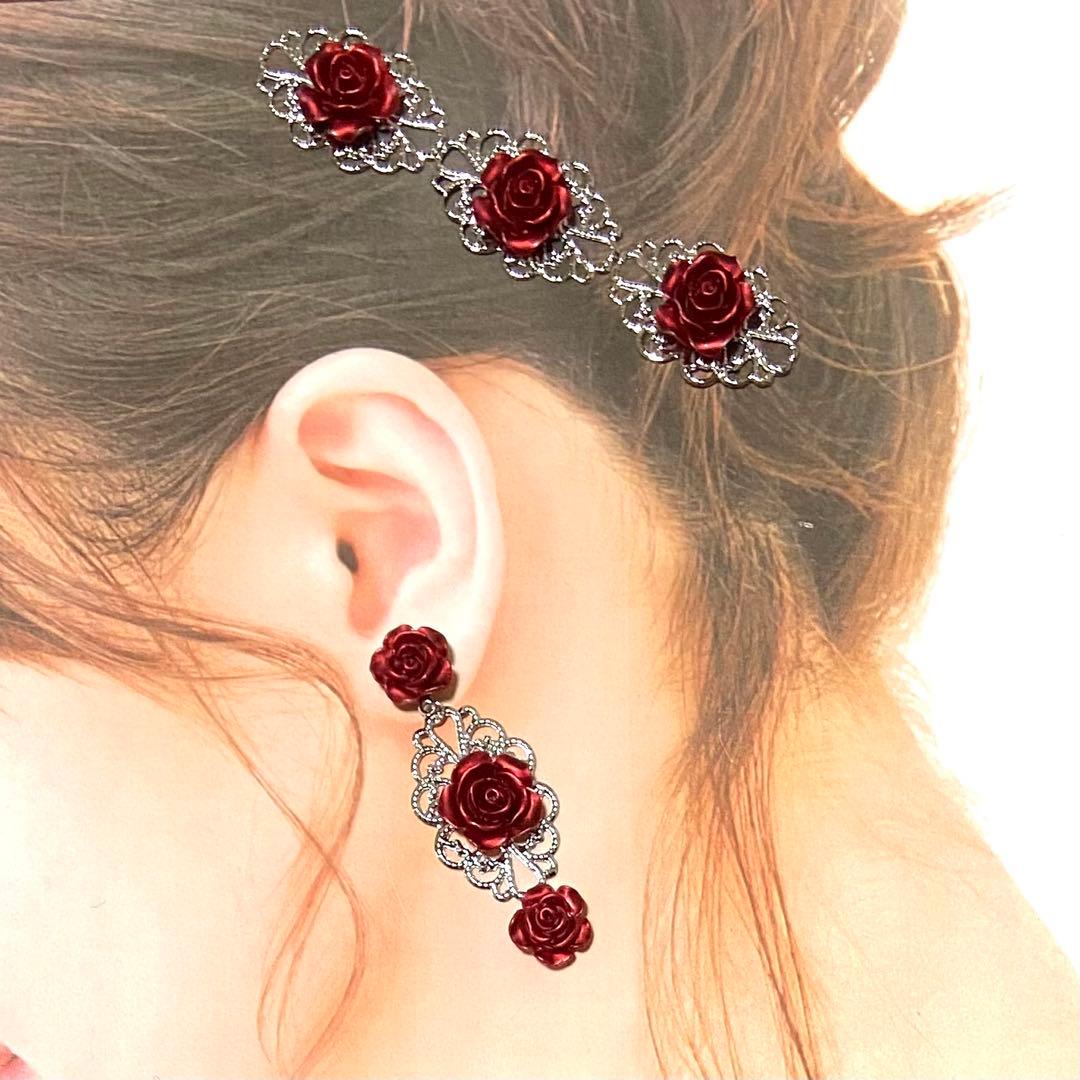 よーくん様専用 シルバー ×赤バラのペイネシージョ2個＆イヤリング他