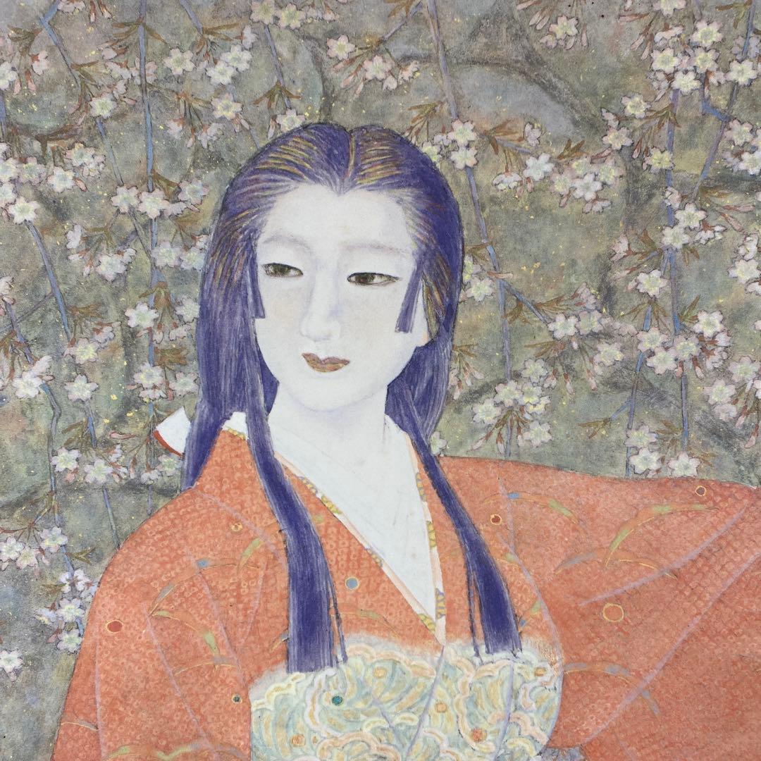 美品 掛け軸 日本画家 白鳥映雪筆「古城惜春」 桜 縁起物 美人画