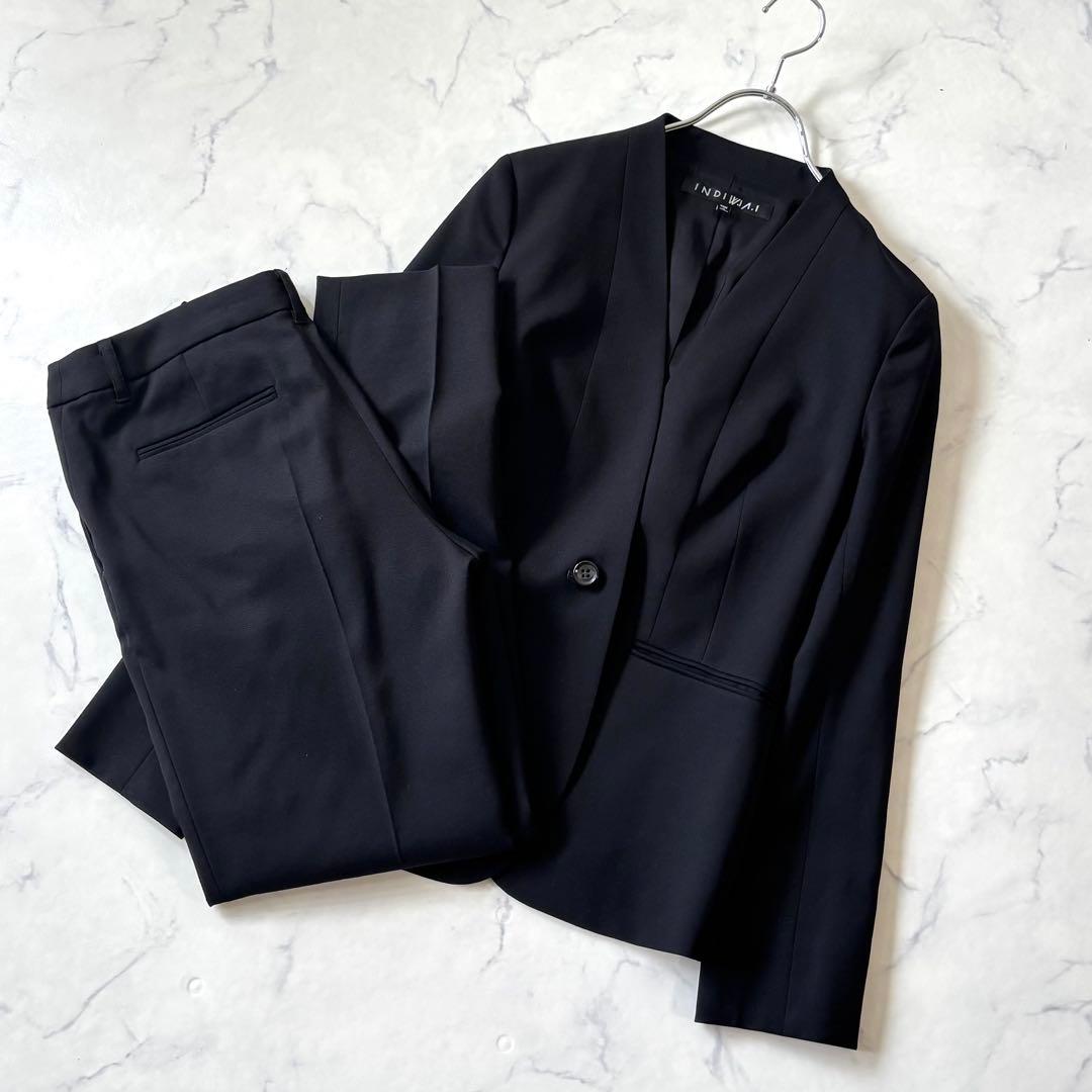 【美品】 INDIVI ウール ノーカラージャケット パンツ セットアップ 定番スーツ／UVケア／洗える】ウール調ノーカラージャケット