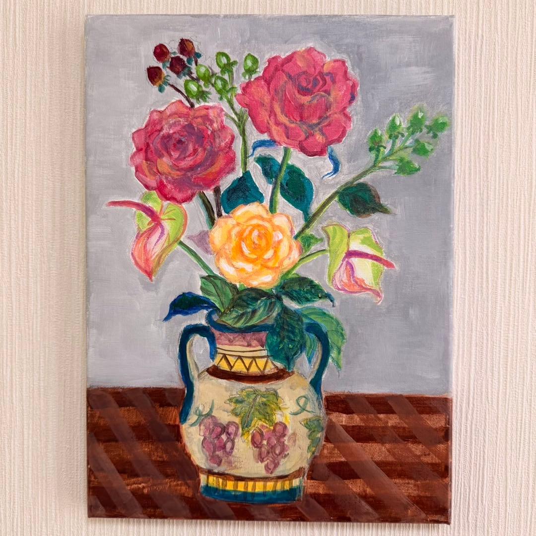 花のあるひととき】原画 アクリル画 F4サイズ 静物画 インテリア