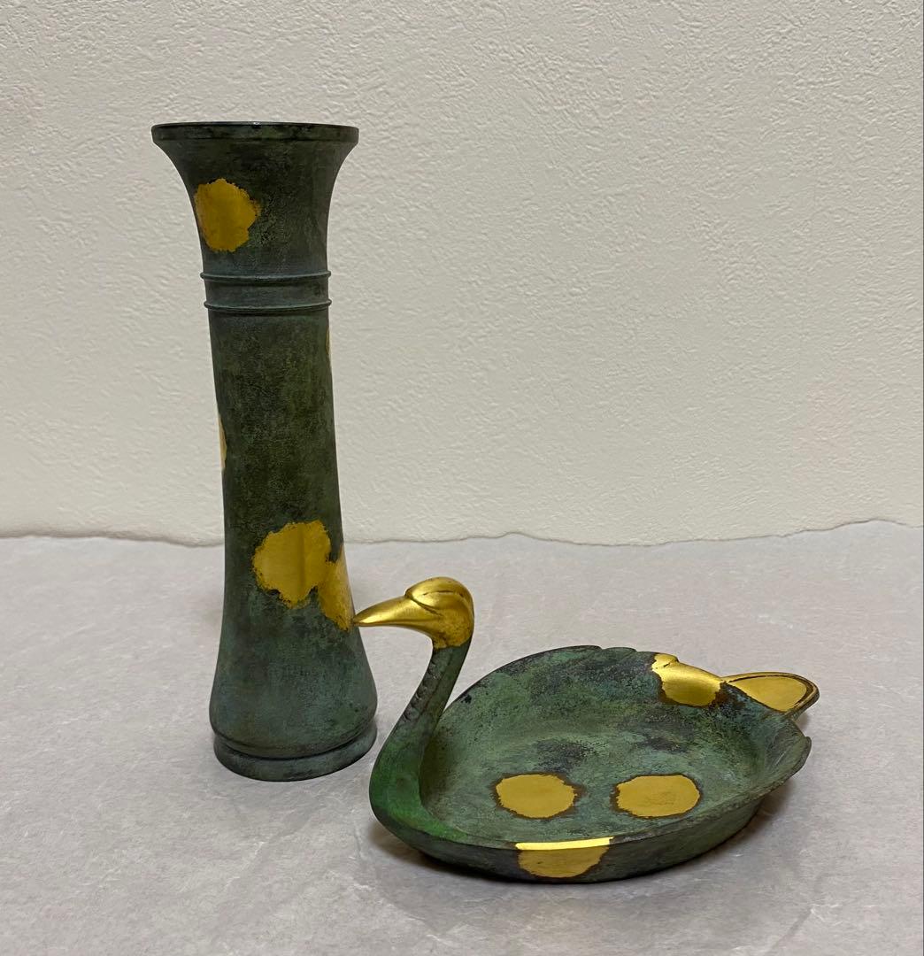 秦蔵六造り 塗金銅花生と塗金銅瑞鳥置物のセット - 工芸品買う