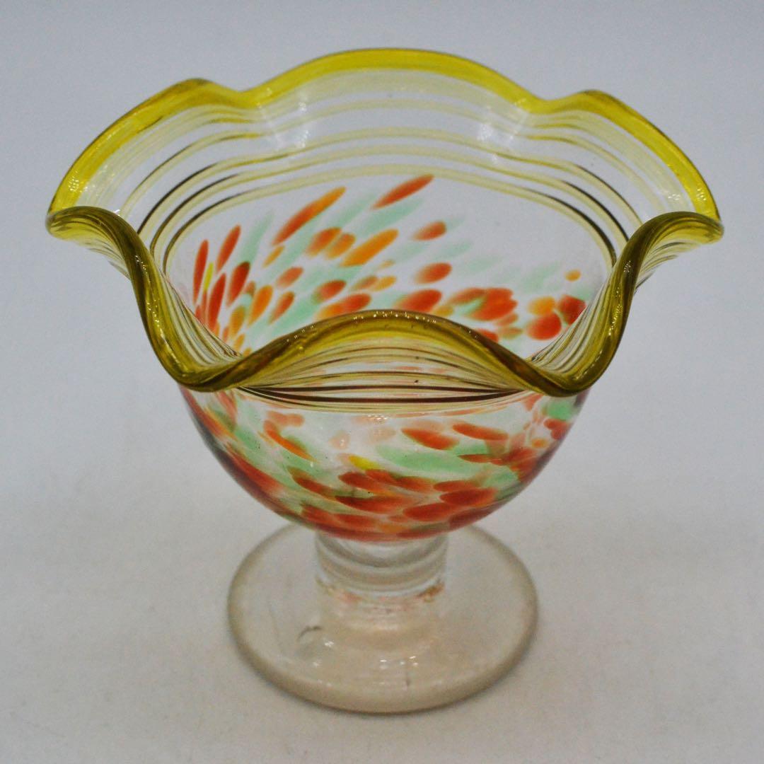 昭和レトロ 氷コップ　糸巻き　花吹雪　吹きガラス 希少☆氷コップ 水玉柄 赤縁 なつめ型 12．5cm 吹きガラス 大正 昭和