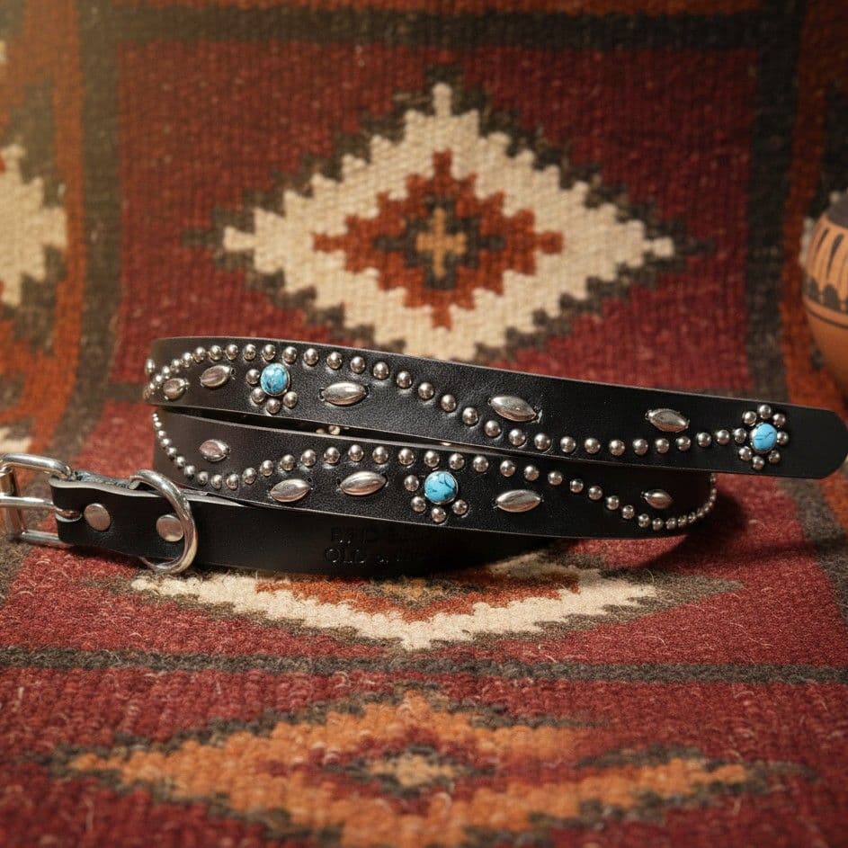 フラワーターコイズ□本革レザーフルスタッズナローベルト☆アメカジ
