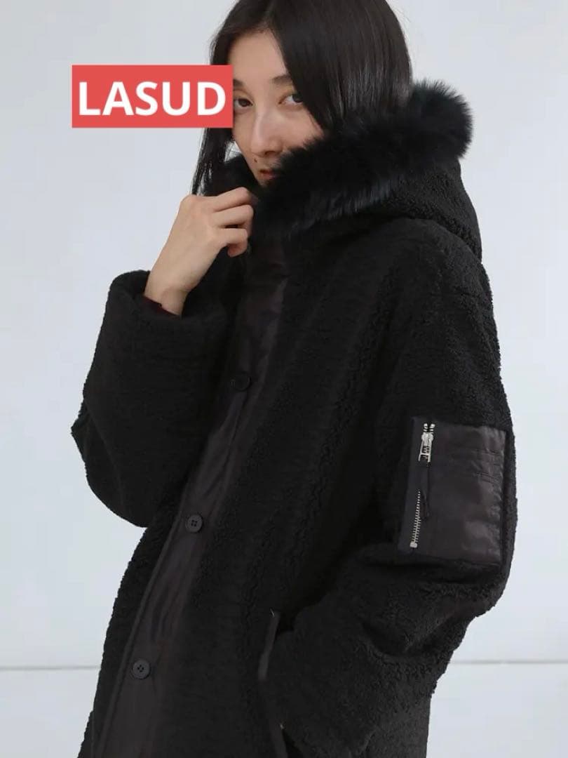 LASUD ファーボアコート ブラック 未使用品 サイズ9号 定価34000円