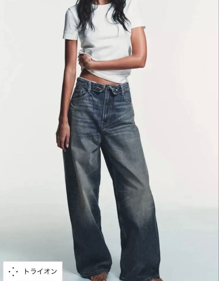 ZARA TRFミッドライズ折り返しウエストデニムパンツ 【EU36/9号