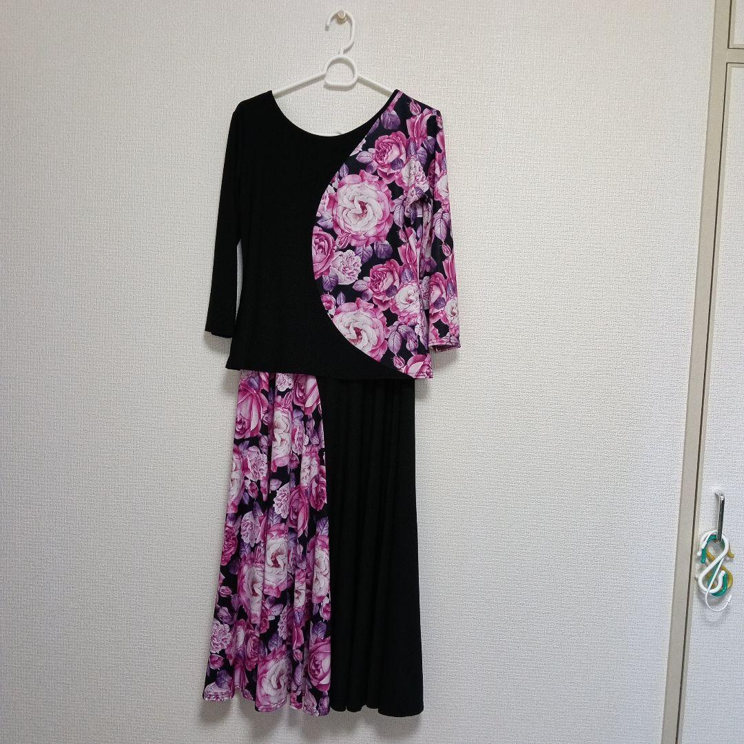 社交ダンス用ロングドレス 黒とピンク花柄 - メルカリ