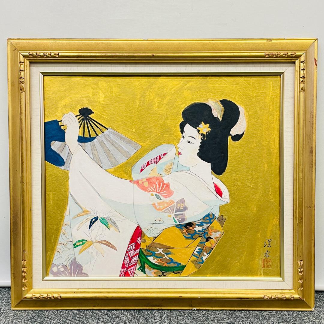 真作保証 伊東深水『扇子』肉筆 日本画 美人画 画寸h44.5×w51.5cm