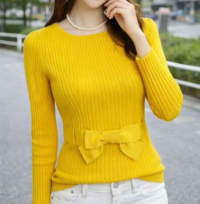 M'S GRACY エムズグレイシー リボン付きリブニット イエロー系 38