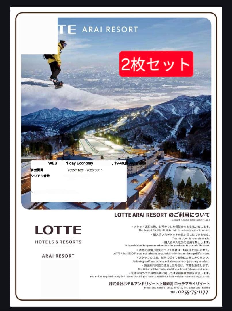アライスノーリゾート エコノミーゴンドラ・リフト1日引換券 2枚