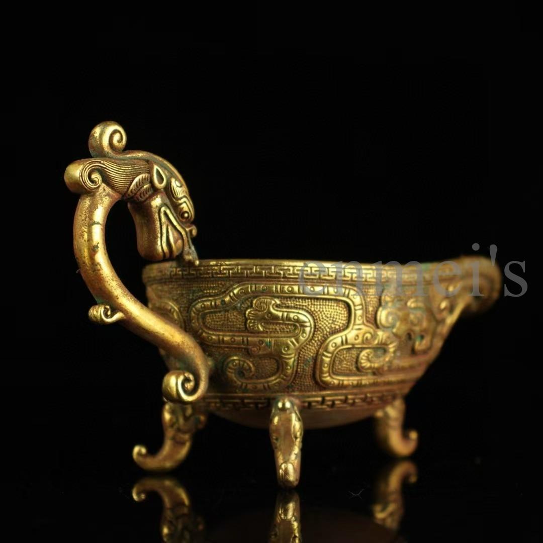 中国古美術・珍蔵純銅製・鎏金酒杯・高浮彫船型三足酒具・