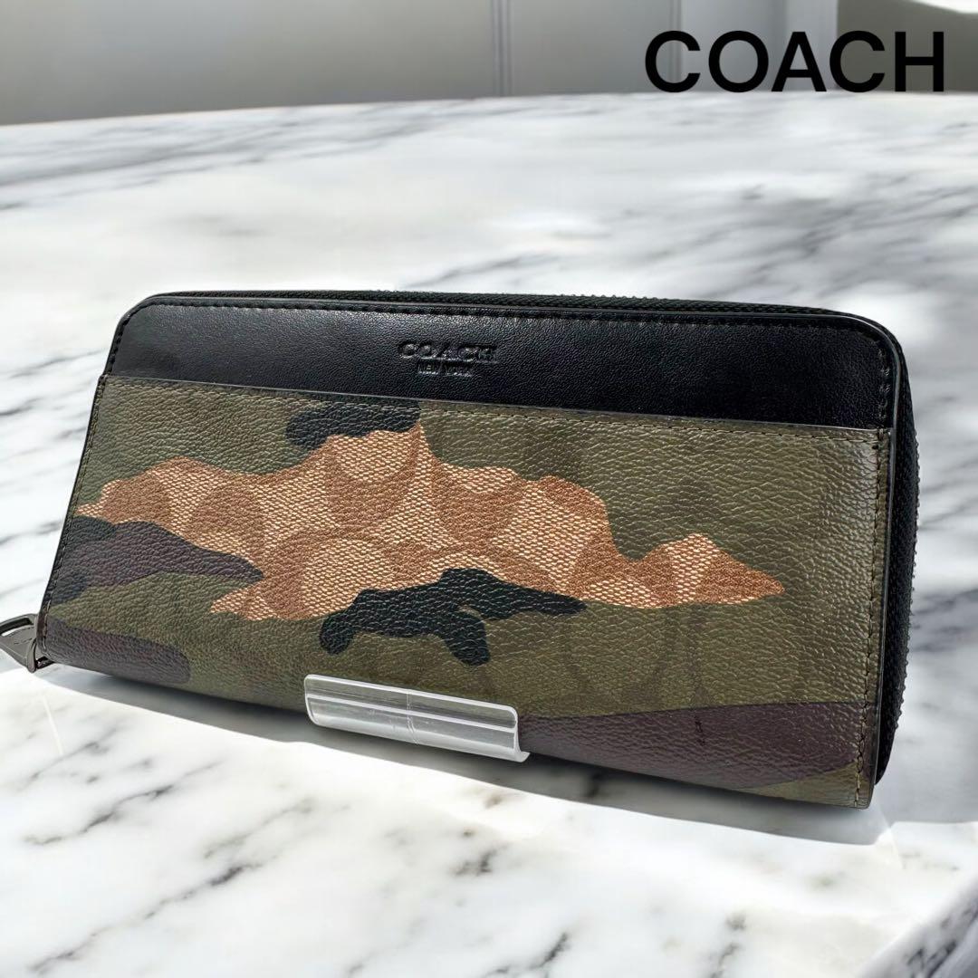 極美品 コーチ 長財布 迷彩 カモフラ ラウンドファスナー 黒