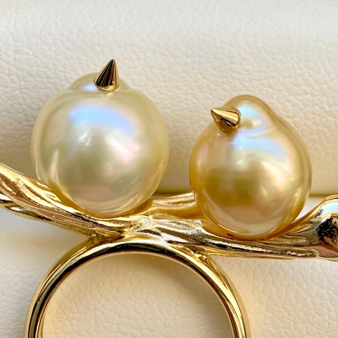 本真珠南洋白蝶真珠シャンパンとゴールド「鳥と枝」s925リングY1044