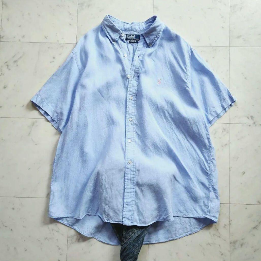 ラルフローレン 麻100% ポニー刺繍 半袖シャツ 水色 ゆったりめ XXL