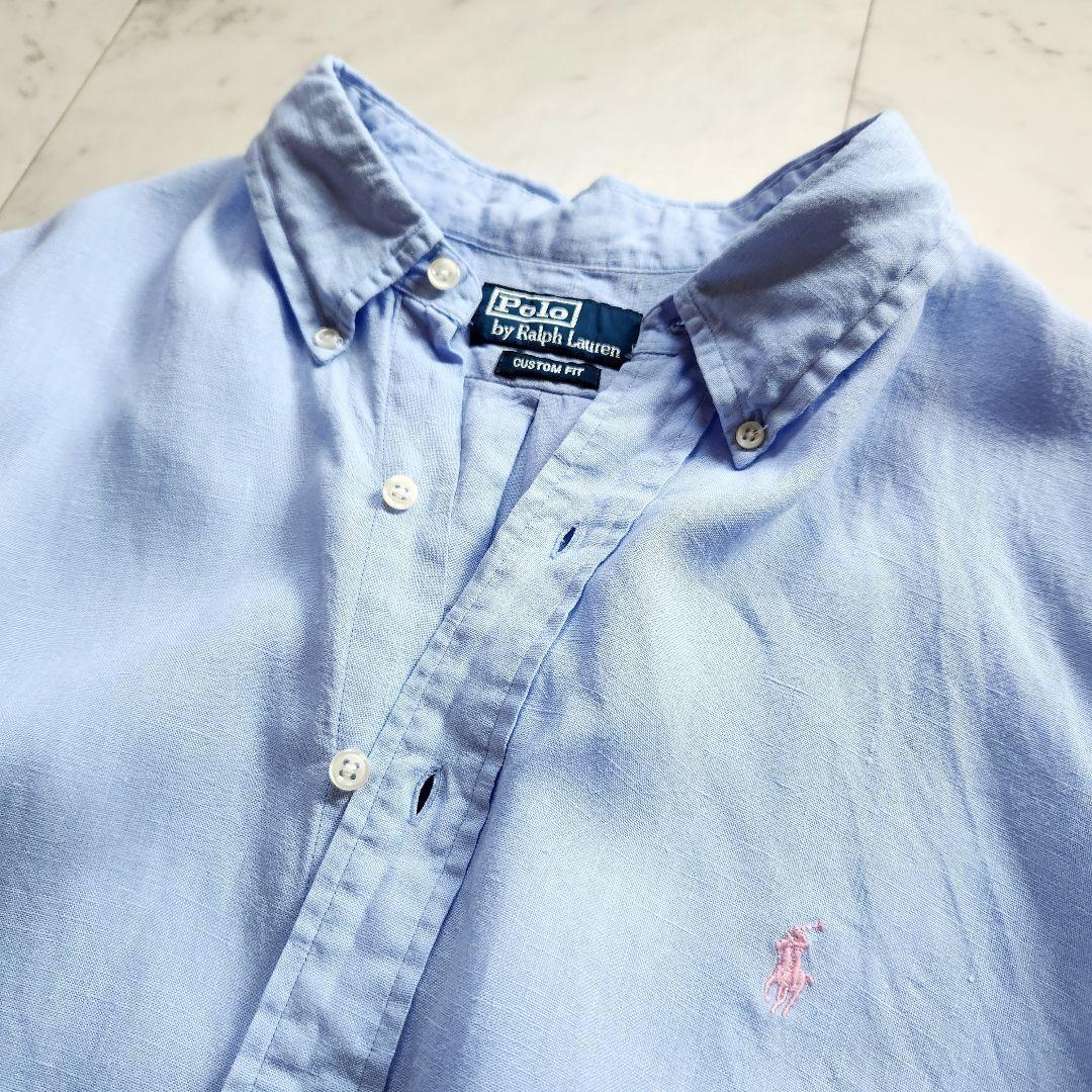 ラルフローレン 麻100% ポニー刺繍 半袖シャツ 水色 ゆったりめ XXL