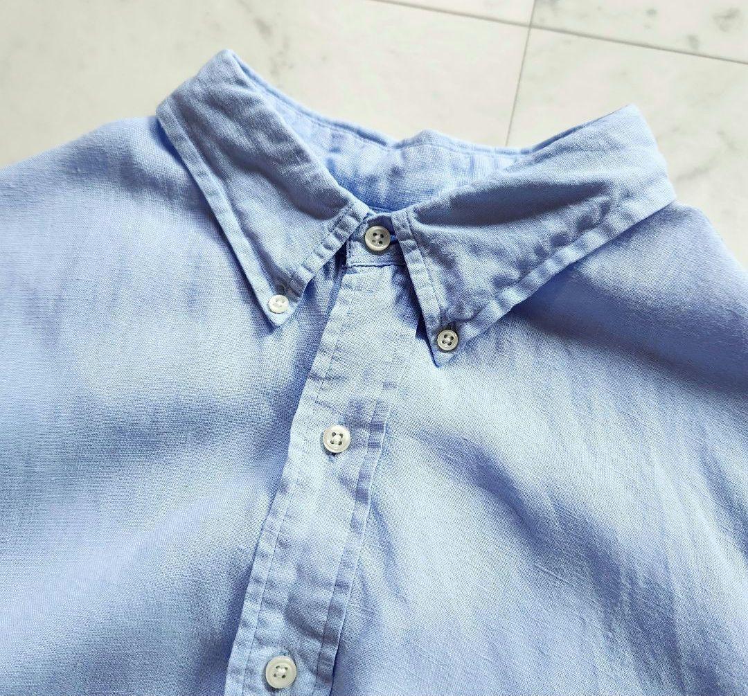 ラルフローレン 麻100% ポニー刺繍 半袖シャツ 水色 ゆったりめ XXL