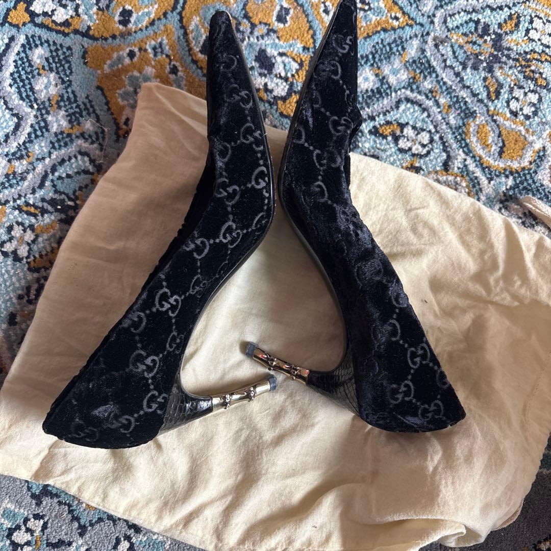 グッチ パンプス 35ハーフ 約22.5cm ベルベット バンブー ヒール レア