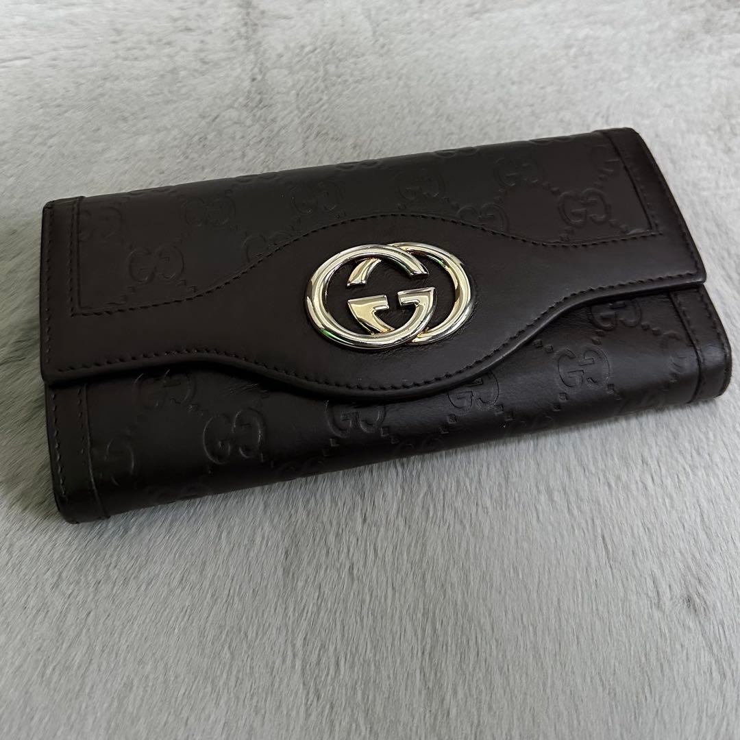 GUCCI グッチ 長財布 インターロッキング ブラウン グッチシマ GG