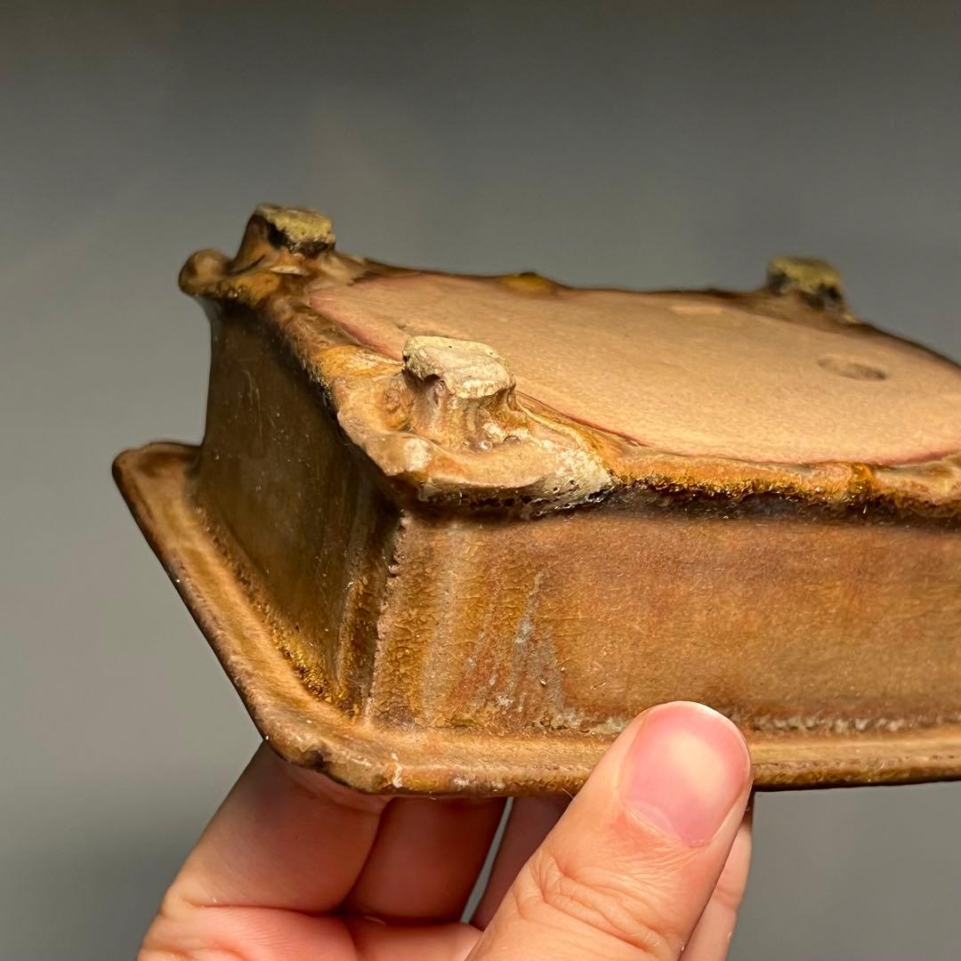 716.日本古鉢 飴釉長方鉢 盆栽鉢 植木鉢 13.6*10.8*5.2cm