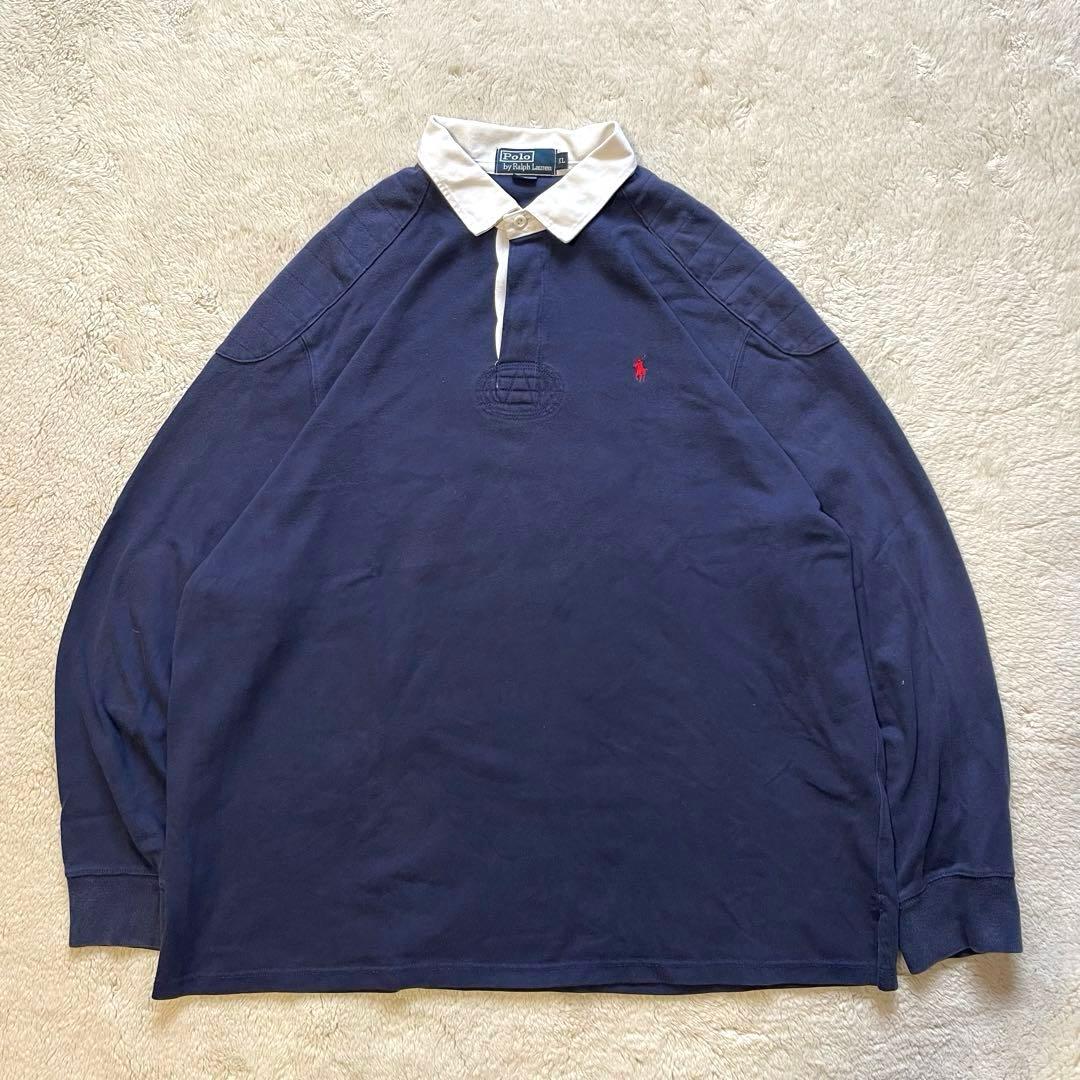 90s ポロ ラルフローレン エルボーパッチ ラガーシャツ XL ネイビー