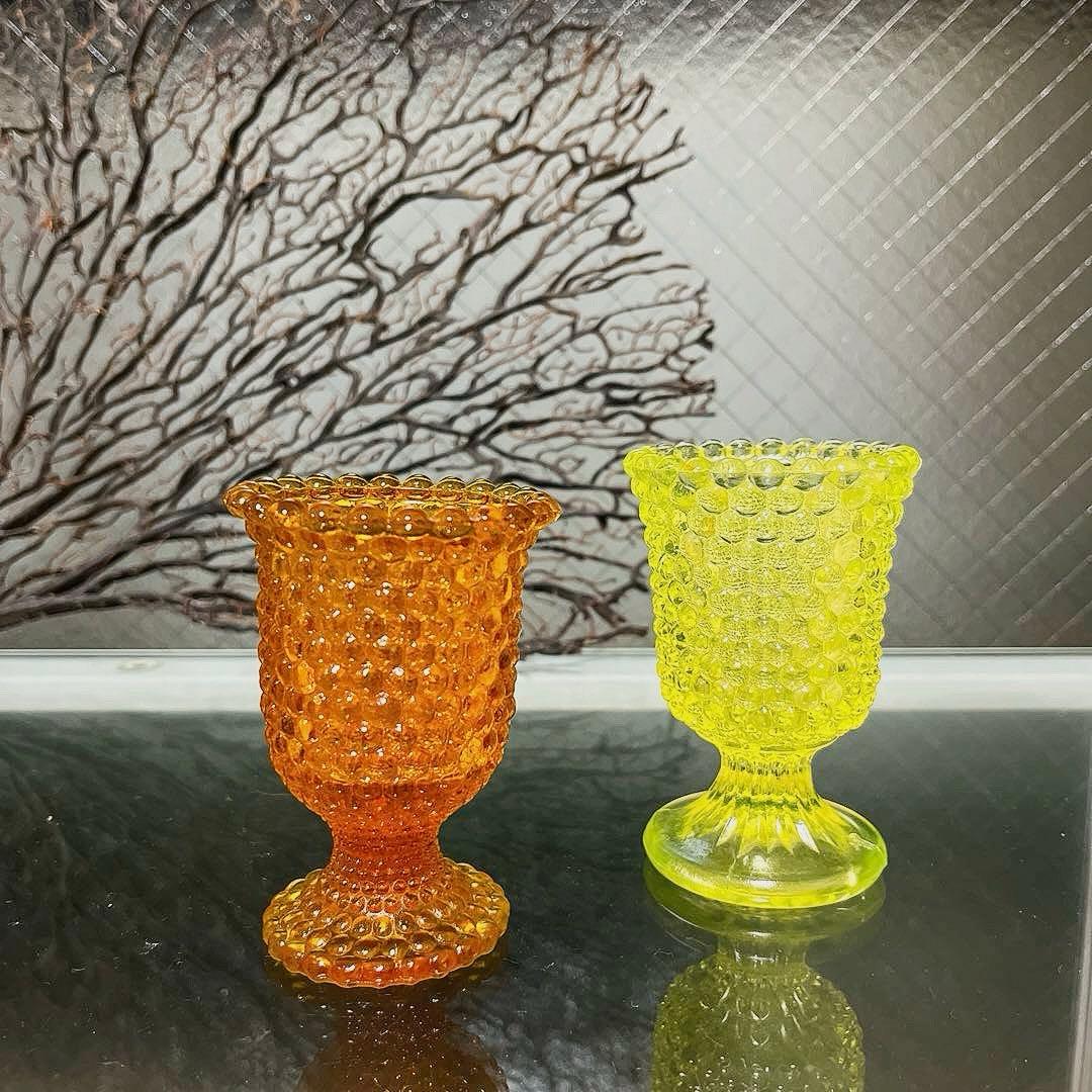 骨董 時代ガラス 希少 橙色 黄色暈し 霰プレス あられ 氷コップ ウラン