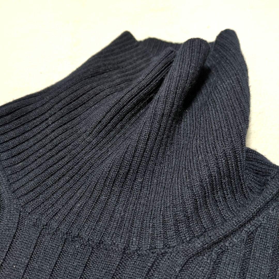 濃紺 ネイビー リブ編み タートルネック セーター ニット イタリア製糸