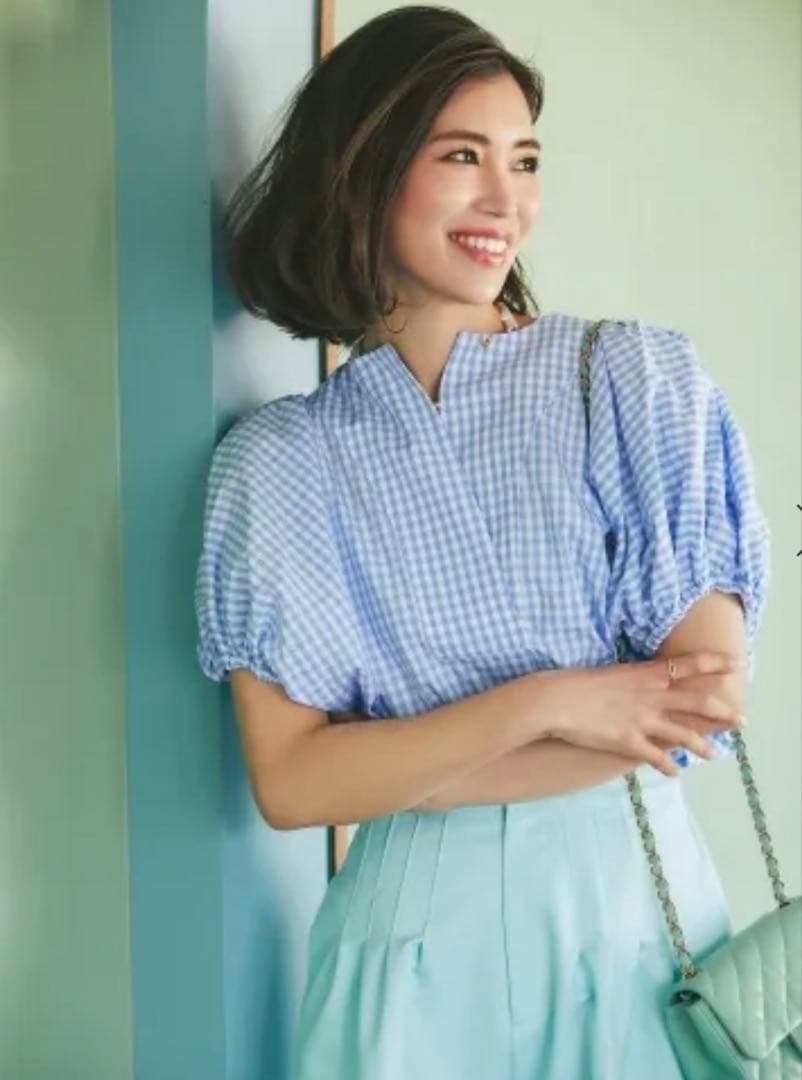 セブンテンバイミホカワヒト/ギンガムチェックギャザースリーブ