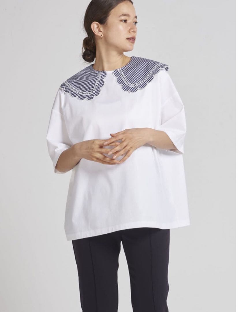 yori ギンガムスカラップカラーカットソー ネイビー