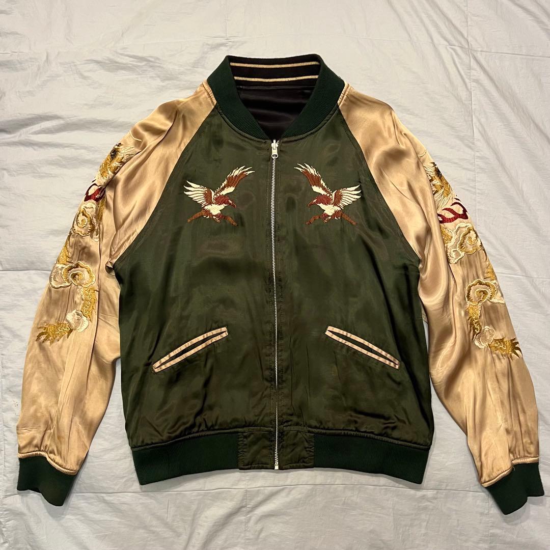 HOUSTON スカジャン XL オリーブ ブラック リバーシブル 虎 鷹 龍 HOUSTON（ヒューストン） スカジャン レーヨンスカジャン 虎 龍 刺繍