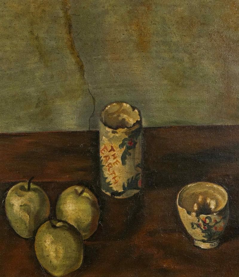 岸田劉生 油彩 肉筆『湯呑と茶碗と林檎』表サイン 鑑定書 F6号 額装